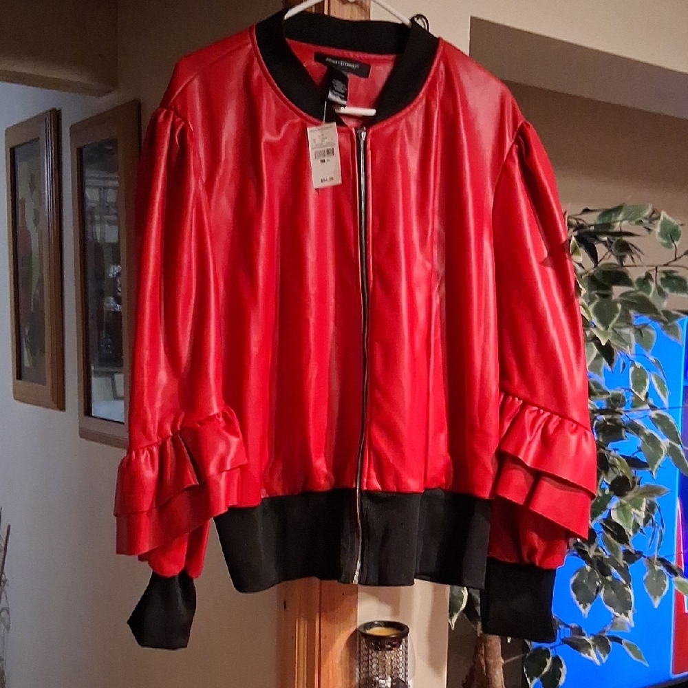 Ashley Stewart, Red and Black Bomber Jacket with Ribbed Trim